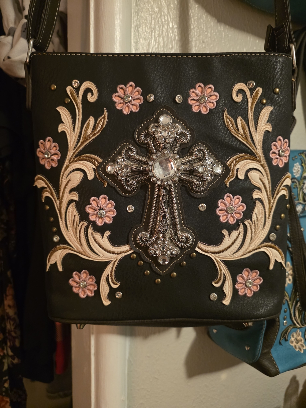 Embellished Black Cross Accent Shoulder Bag - Unbranded